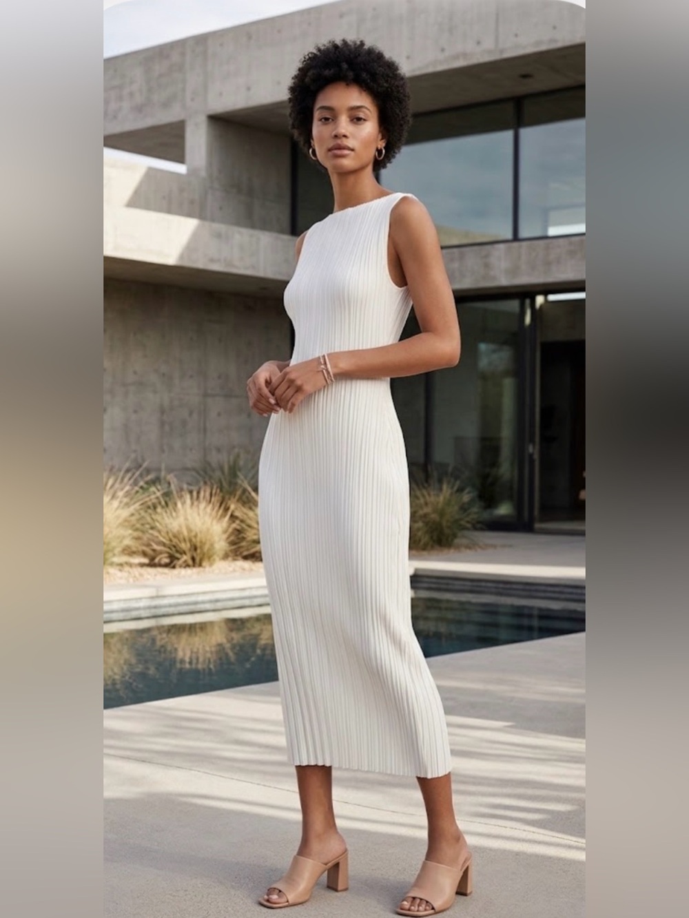 DISSH Sadie Ivory Sleeveless Ribbed Knit Midi Dress Size XL Pleated